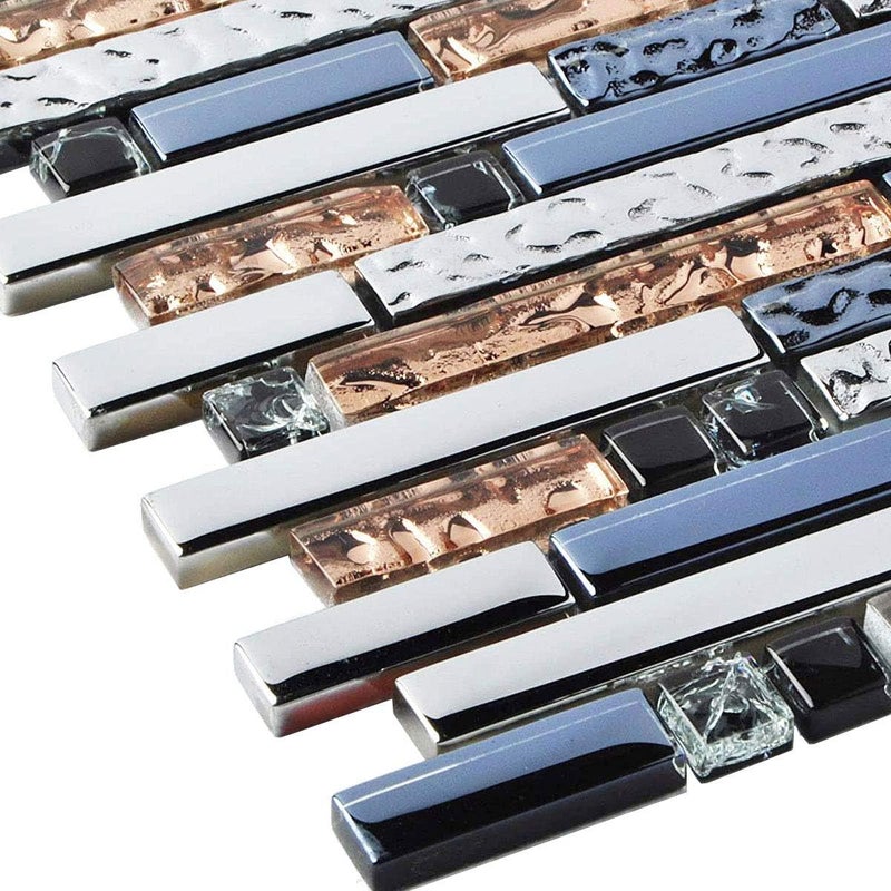 Hominter Metallic Glass Tile Rose Gold, Silver & Ink Blue Interlocking Linear Mosaic for Kitchen Backsplash, Bathroom Walls, Fireplace Surrounds & Accent Decor (3x12 Sample) - Image 3